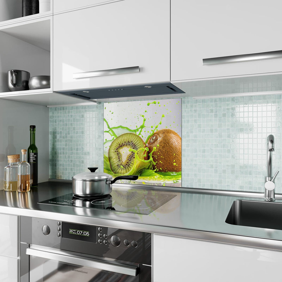 Küchenrückwand Kiwi im Saftspritzer aus Glas – Kiwi im grünen Spritzer