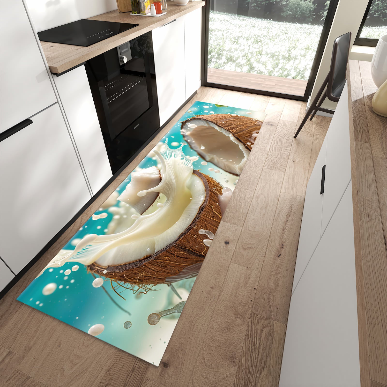 Rutschfester Küchenläufer mit Motiv Kokosnuss Splash in moderner Küche