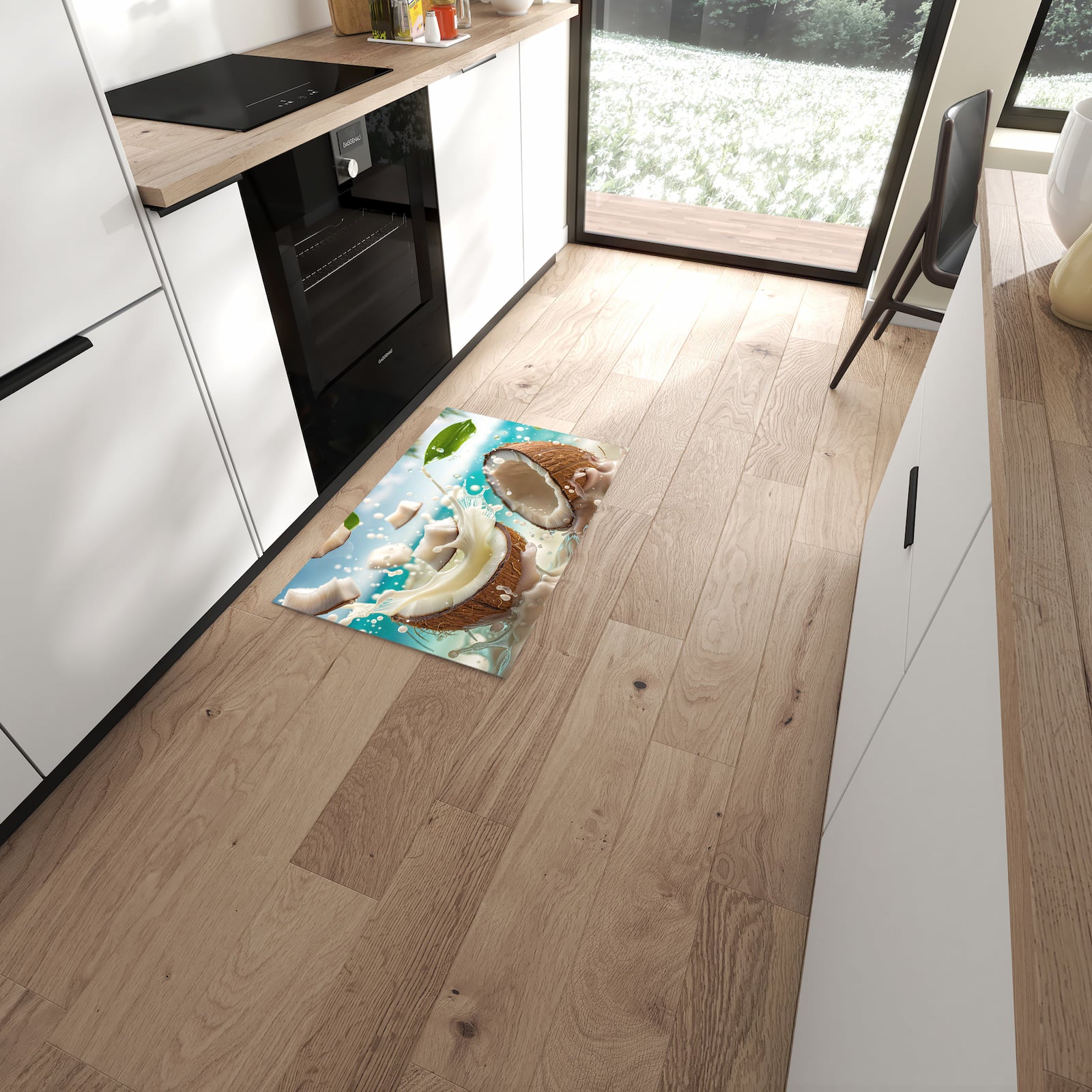 Waschbarer Küchenläufer mit Motiv Kokosnuss Splash in moderner Küche