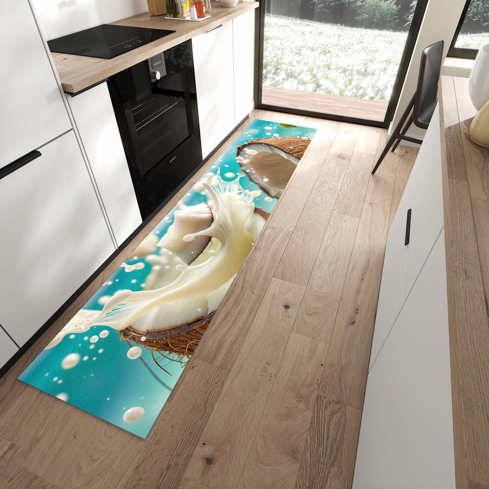Hygienischer Küchenteppich mit Motiv Kokosnuss Splash in moderner Küche