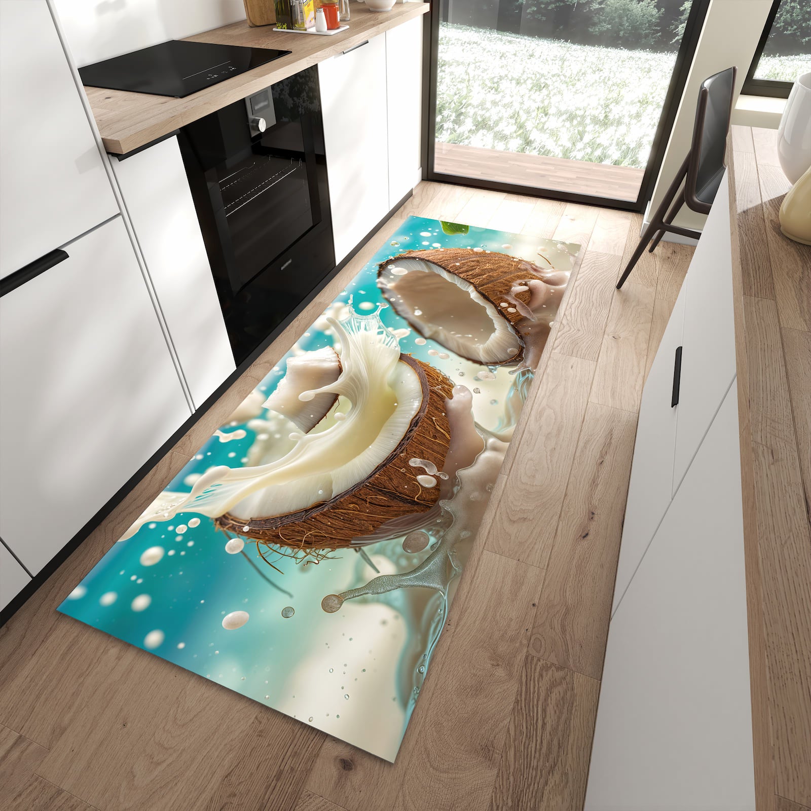 Bodenschonender Küchenläufer mit Motiv Kokosnuss Splash in moderner Küche