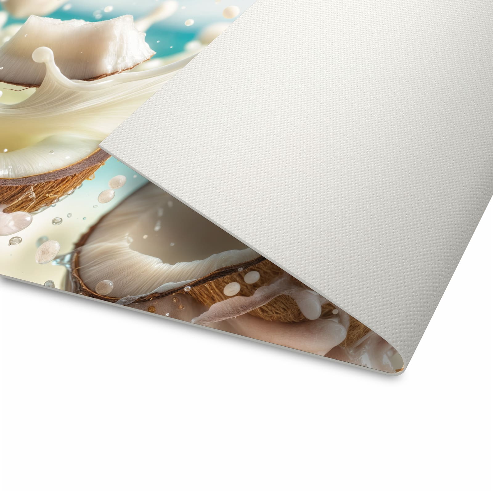 Dünner Küchenteppich mit Motiv Kokosnuss Splash zur sicheren Aufbewahrung in Unterseite