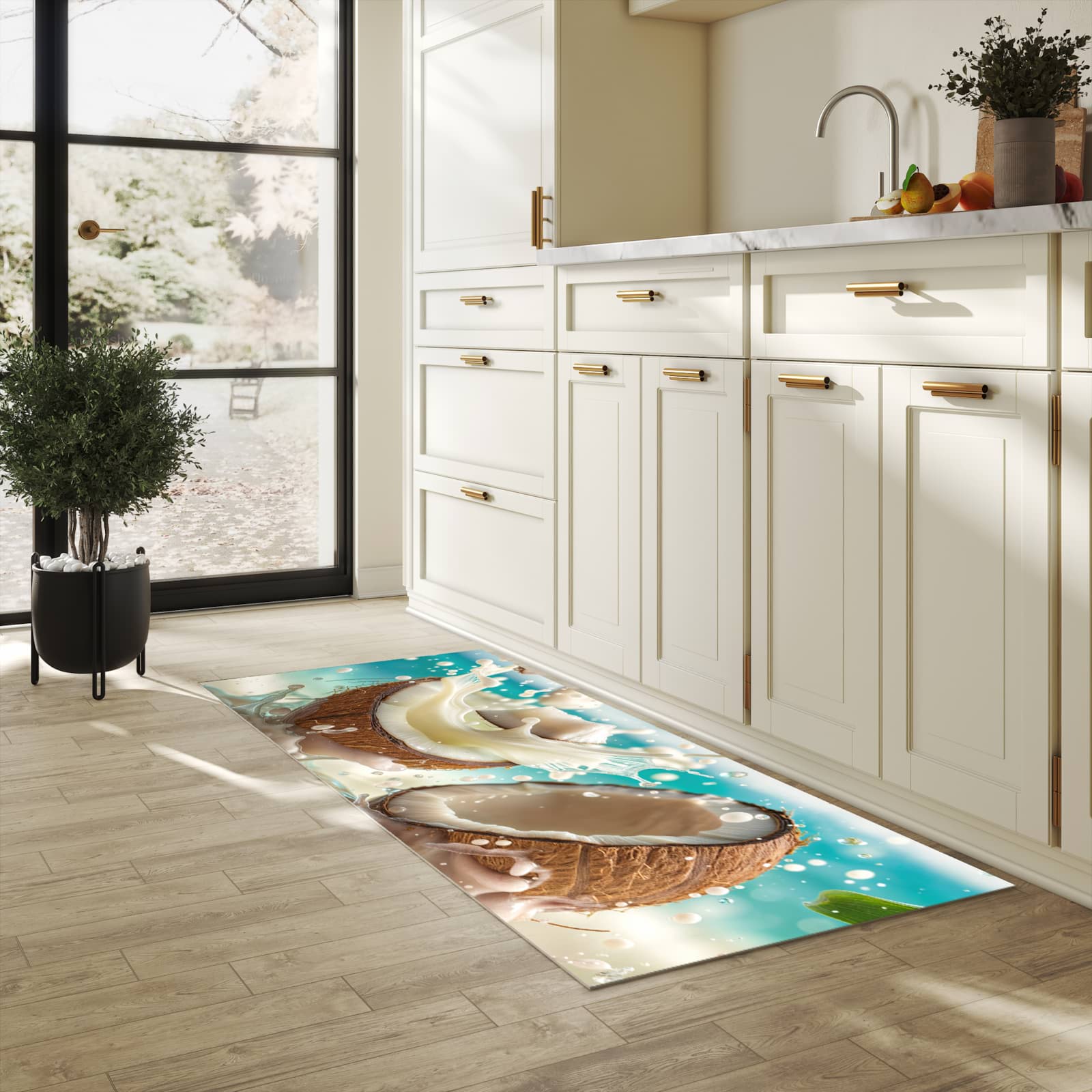 Waschbarer Küchenteppich mit Motiv Kokosnuss Splash in heller Küche