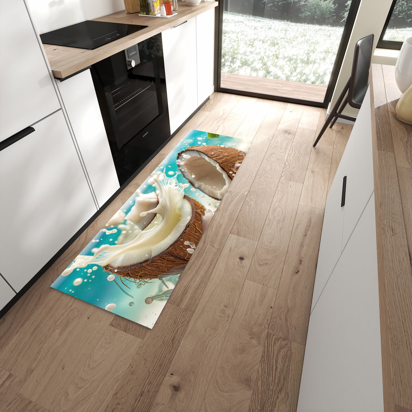 Pflegeleichter Küchenteppich mit Motiv Kokosnuss Splash in moderner Küche