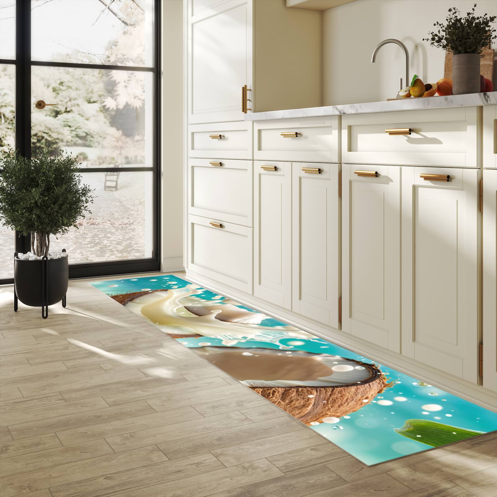 Hygienischer Bodenläufer Teppich mit Motiv Kokosnuss Splash in heller Küche
