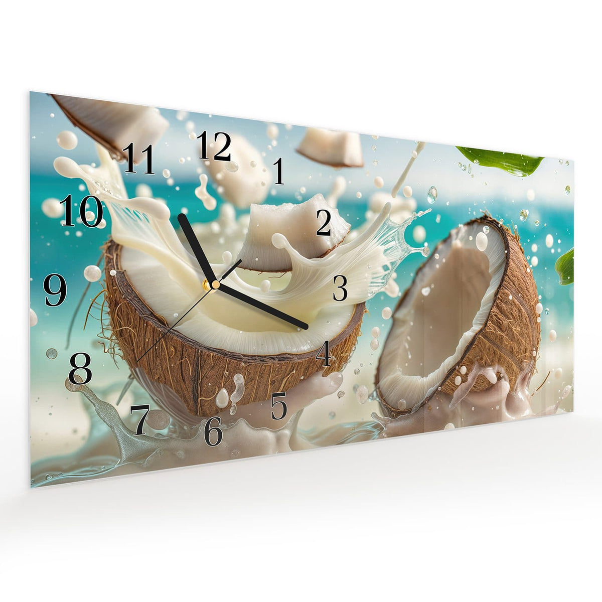 Vormontiert – mit Schwebeeffekt – Wanduhr Kokosnuss Spritzer aus Glas – Querformat 60 × 30 cm