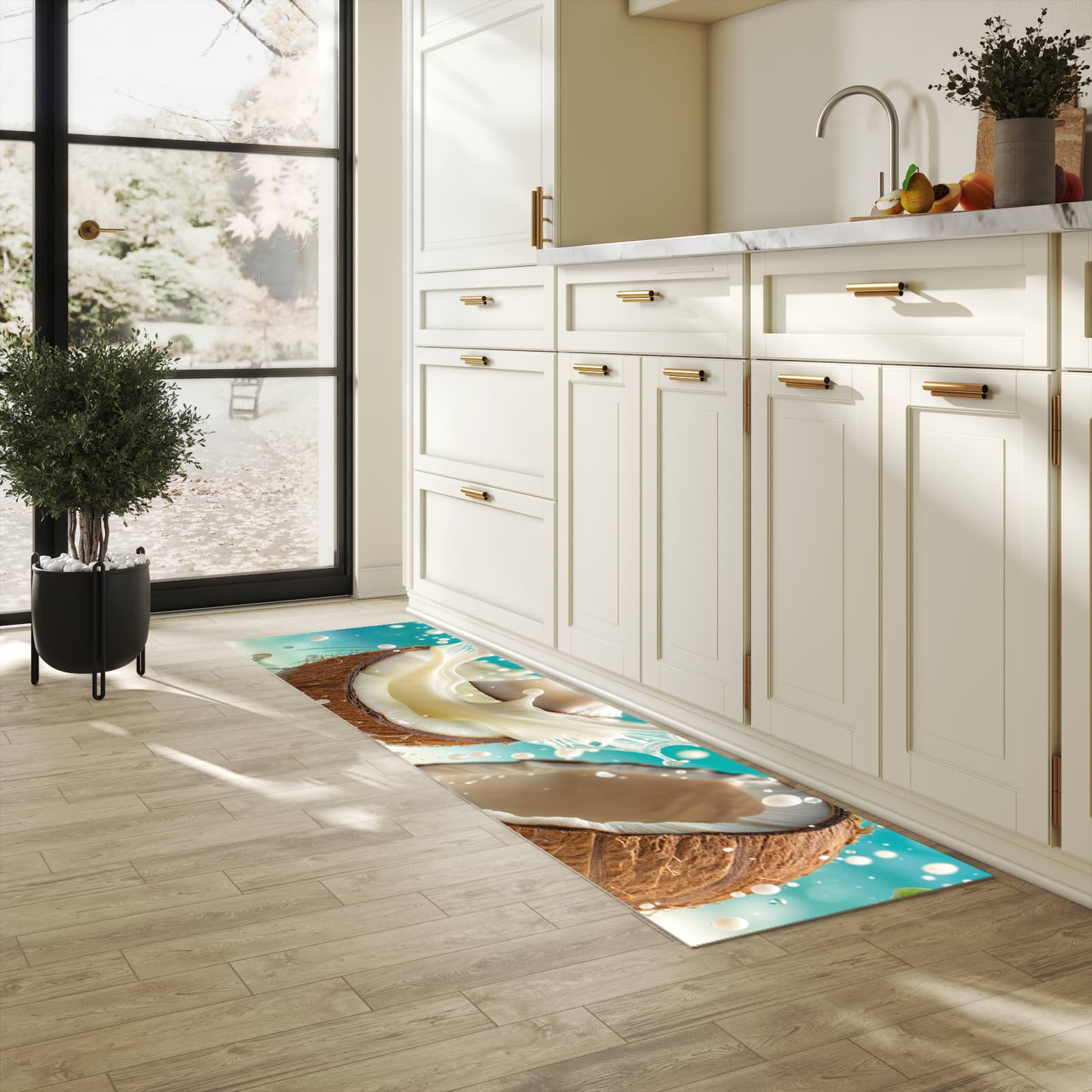 Pflegeleichter rutschfester Küchenteppich mit Motiv Kokosnuss Splash in heller Küche