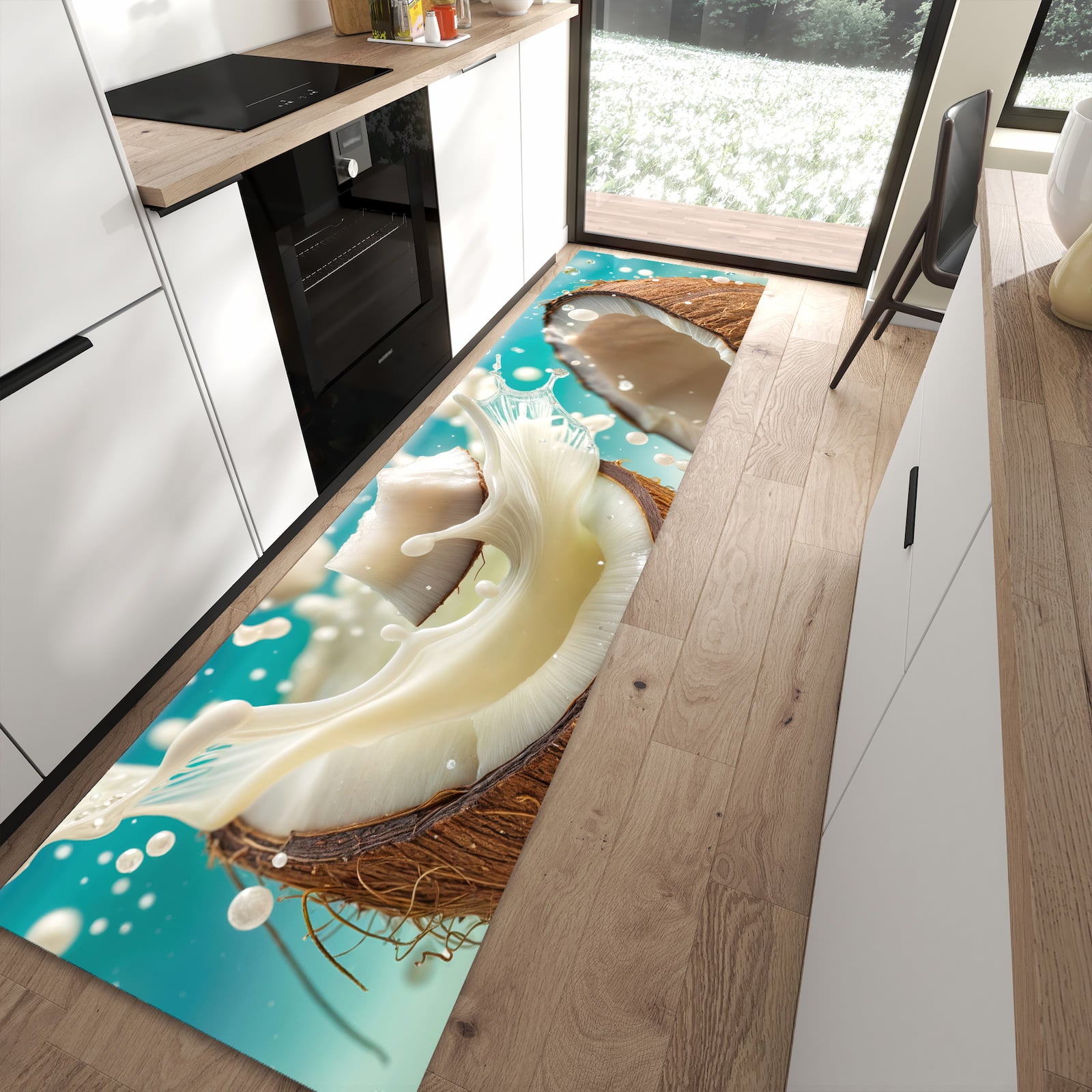 Bodenschonender Küchenteppich mit Motiv Kokosnuss Splash in moderner Küche