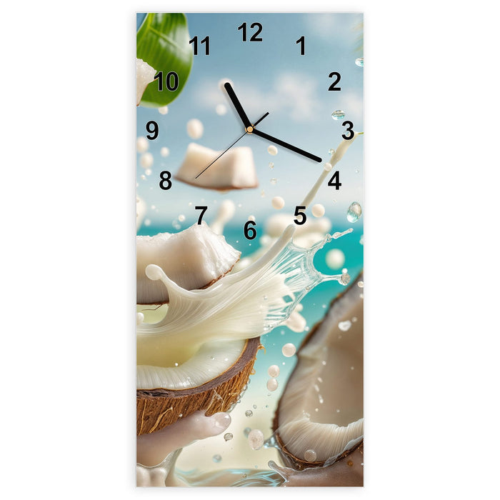 Wanduhr Kokosnuss Spritzer aus Glas – Hochformat 30 × 60 cm mit Ziffernblatt Modern