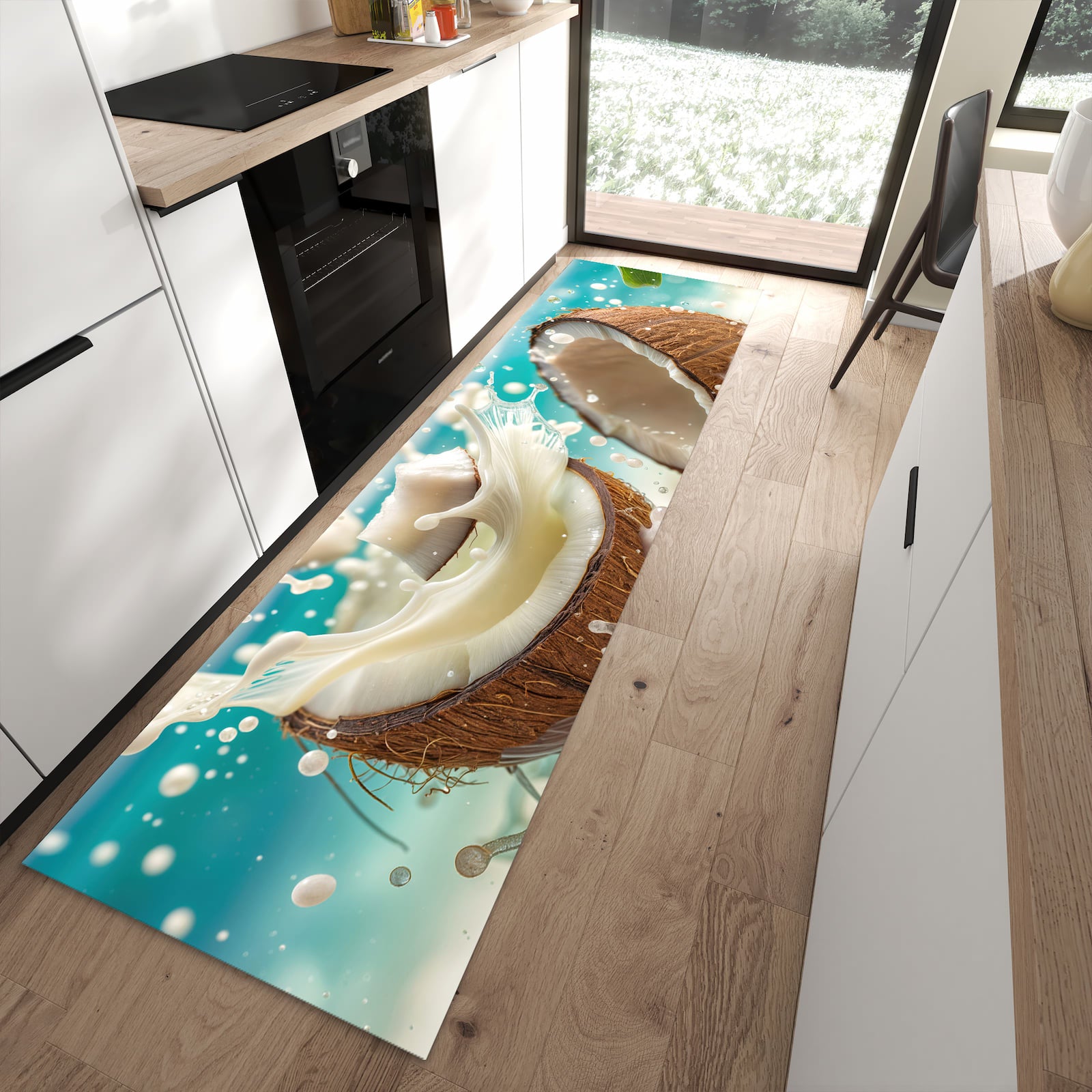 Feuchtigkeitsresistenter Küchenvorleger mit Motiv Kokosnuss Splash in moderner Küche