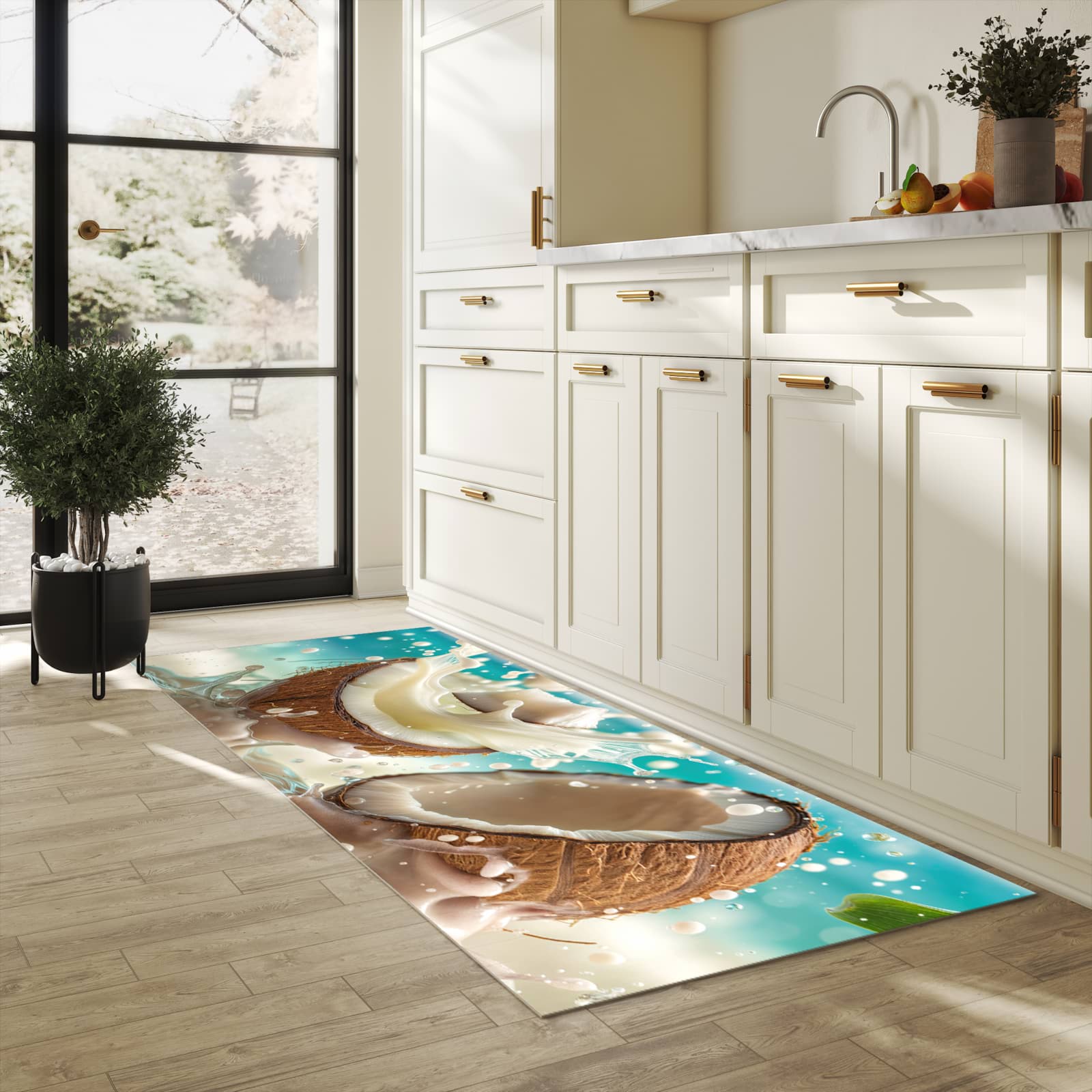 Waschbarer Küchenteppich mit Motiv Kokosnuss Splash für Ordnung in heller Küche