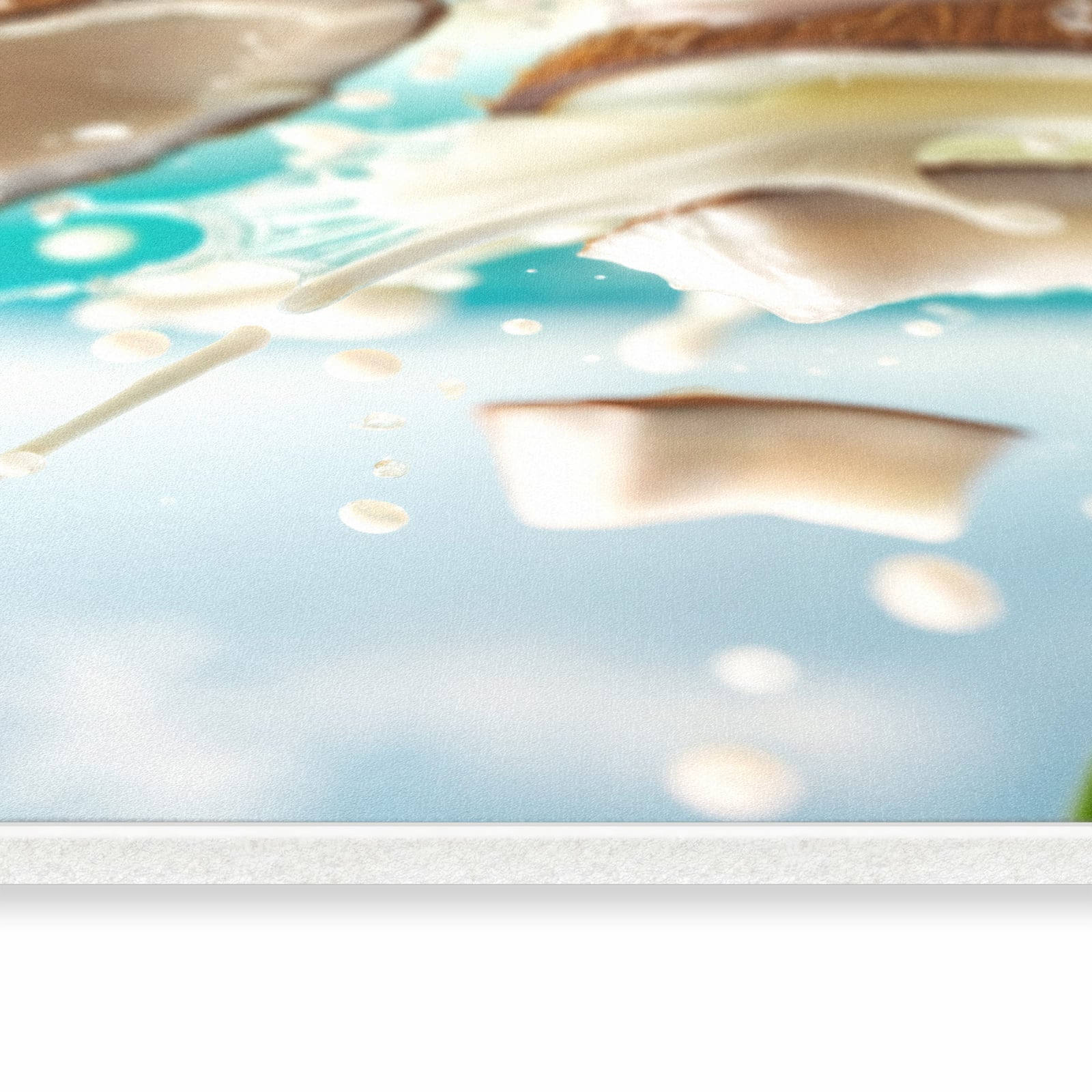 Strapazierfähiger Küchenteppich mit Motiv Kokosnuss Splash in seitlicher Ansicht