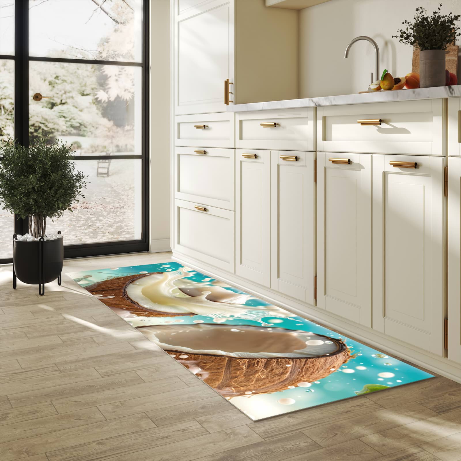 Langlebiger Küchenläufer mit Motiv Kokosnuss Splash in heller Küche