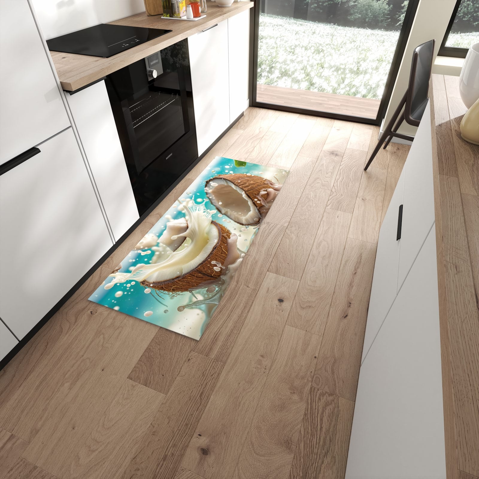 Rutschfester Küchenteppich mit Motiv Kokosnuss Splash in moderner Küche #grösse_60 x 150 cm