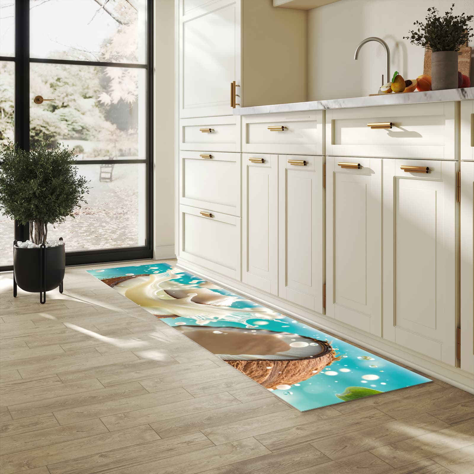 Bodenläufer mit Motiv Kokosnuss Splash für angenehme Haptik in heller Küche