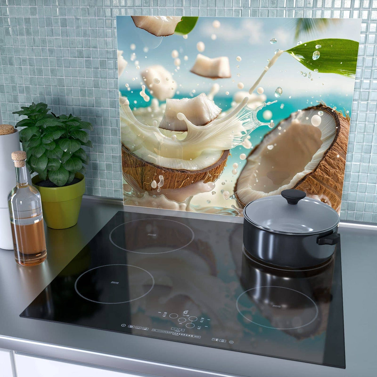 1-teilige Abdeckplatten für Herd mit Kokosnuss Spritzer-Motiv als Spritzschutz hinter dem Kochfeld