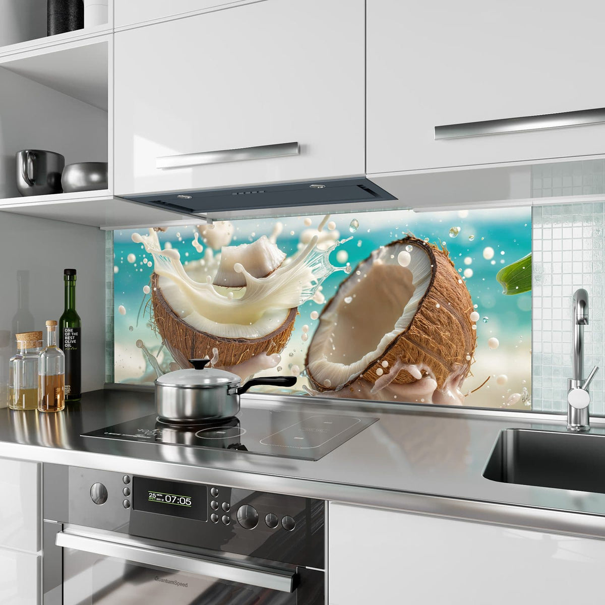 Küchenrückwand aus Glas Zerbrochene Kokosnüsse im Hochformat als Spritzschutz hinter dem Kochfeld, über dem Fliesenspiegel montiert