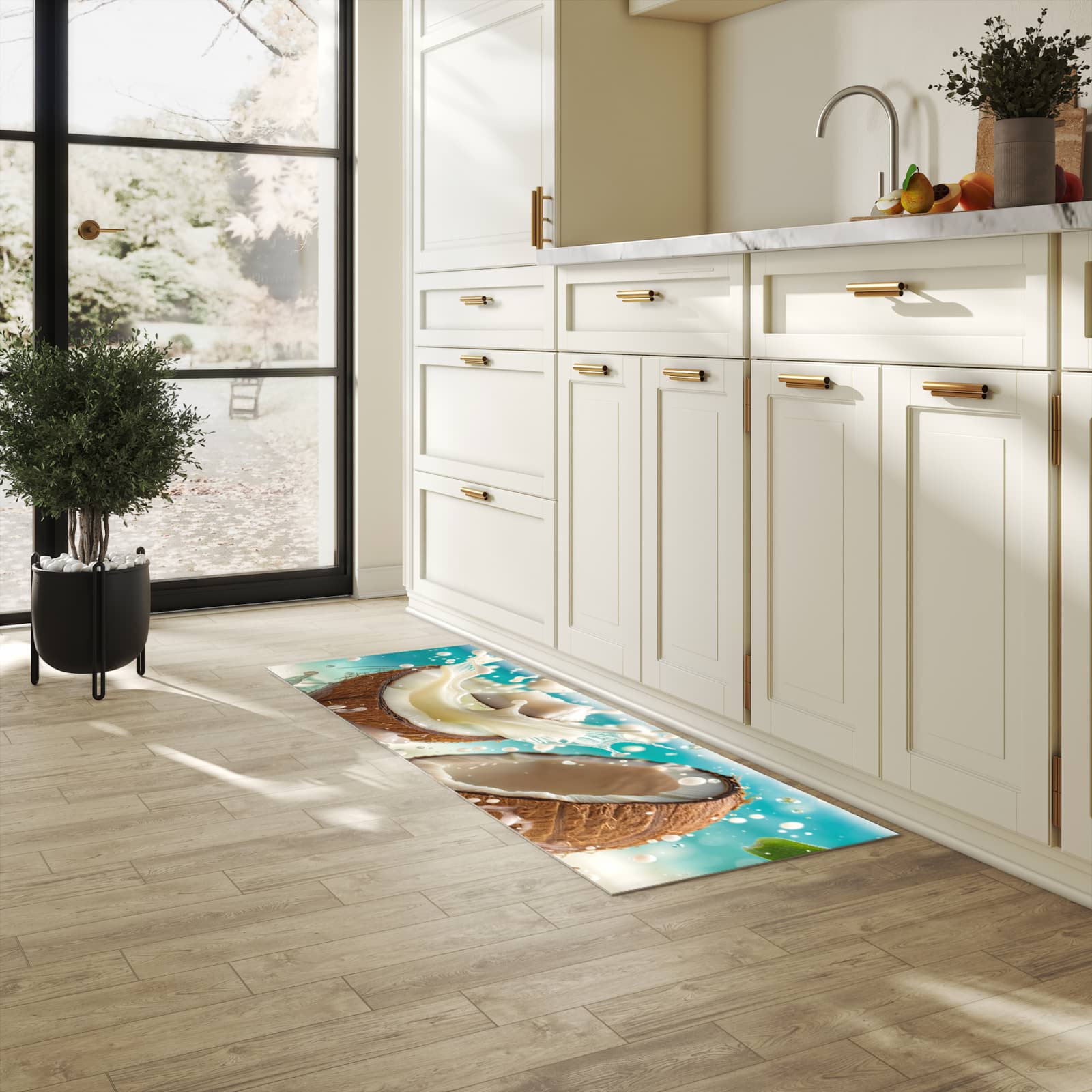 Rutschfester Teppich für Esstisch mit Motiv Kokosnuss Splash in heller Küche