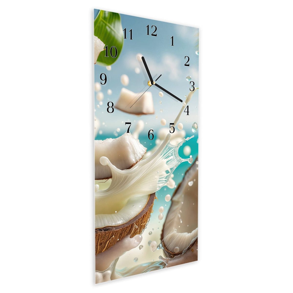 Vormontiert – mit Schwebeeffekt – Wanduhr Kokosnuss Spritzer aus Glas – Hochformat 30 × 60 cm