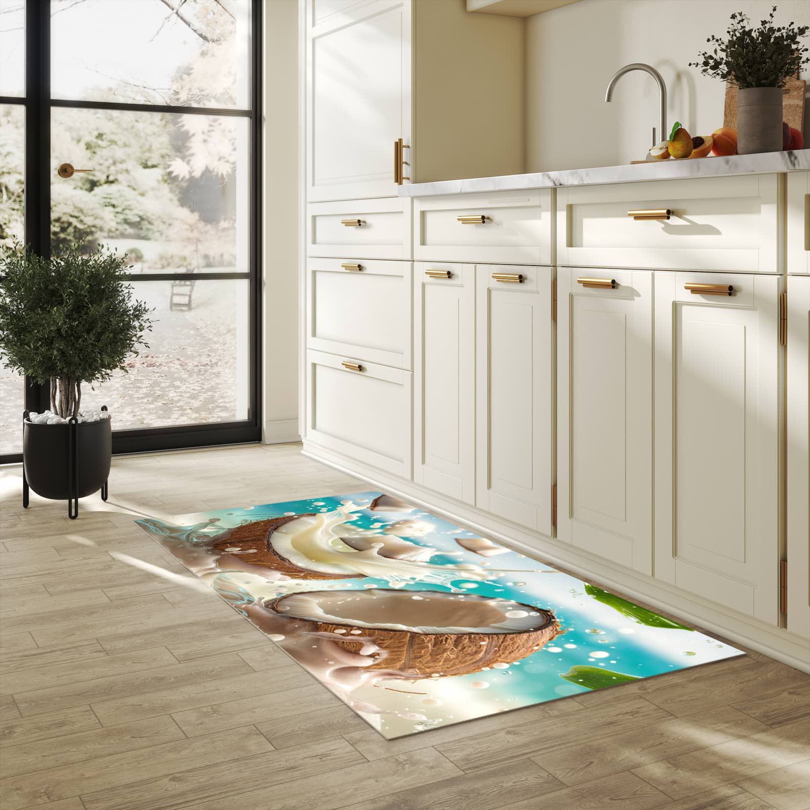 Waschbarer Küchenteppich mit Motiv Kokosnuss Splash in heller Küche schont den Boden