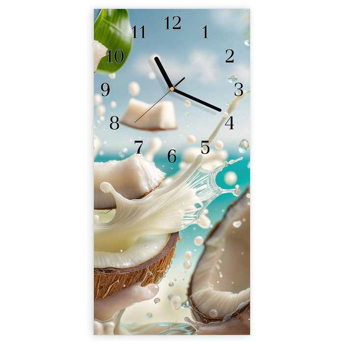 Wanduhr Kokosnuss Spritzer aus Glas – Hochformat 30 × 60 cm mit Ziffernblatt Klassisch
