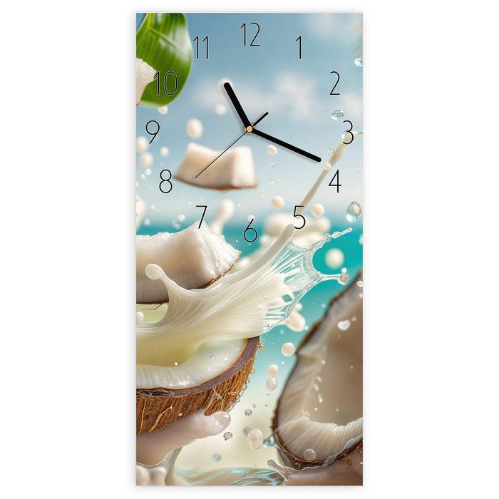 Wanduhr Kokosnuss Spritzer aus Glas – Hochformat 30 × 60 cm mit Ziffernblatt Elegant