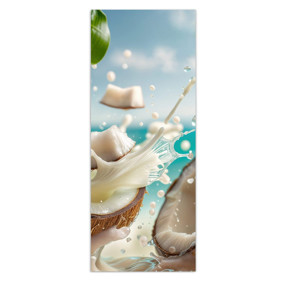 Wandbild - Zerbrochene Kokosnüsse - Hochformat – Zerbrochene Kokosnüsse vor blauem Meer