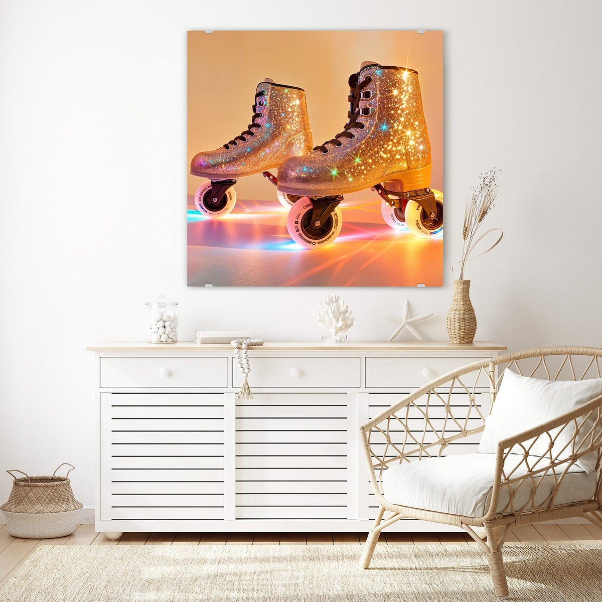 Glasbild Glitzernde Rollschuhe an der Wand – Paar Rollschuhe komplett mit funkelndem Glitzer besetzt, bunte Lichtstreifen am Boden