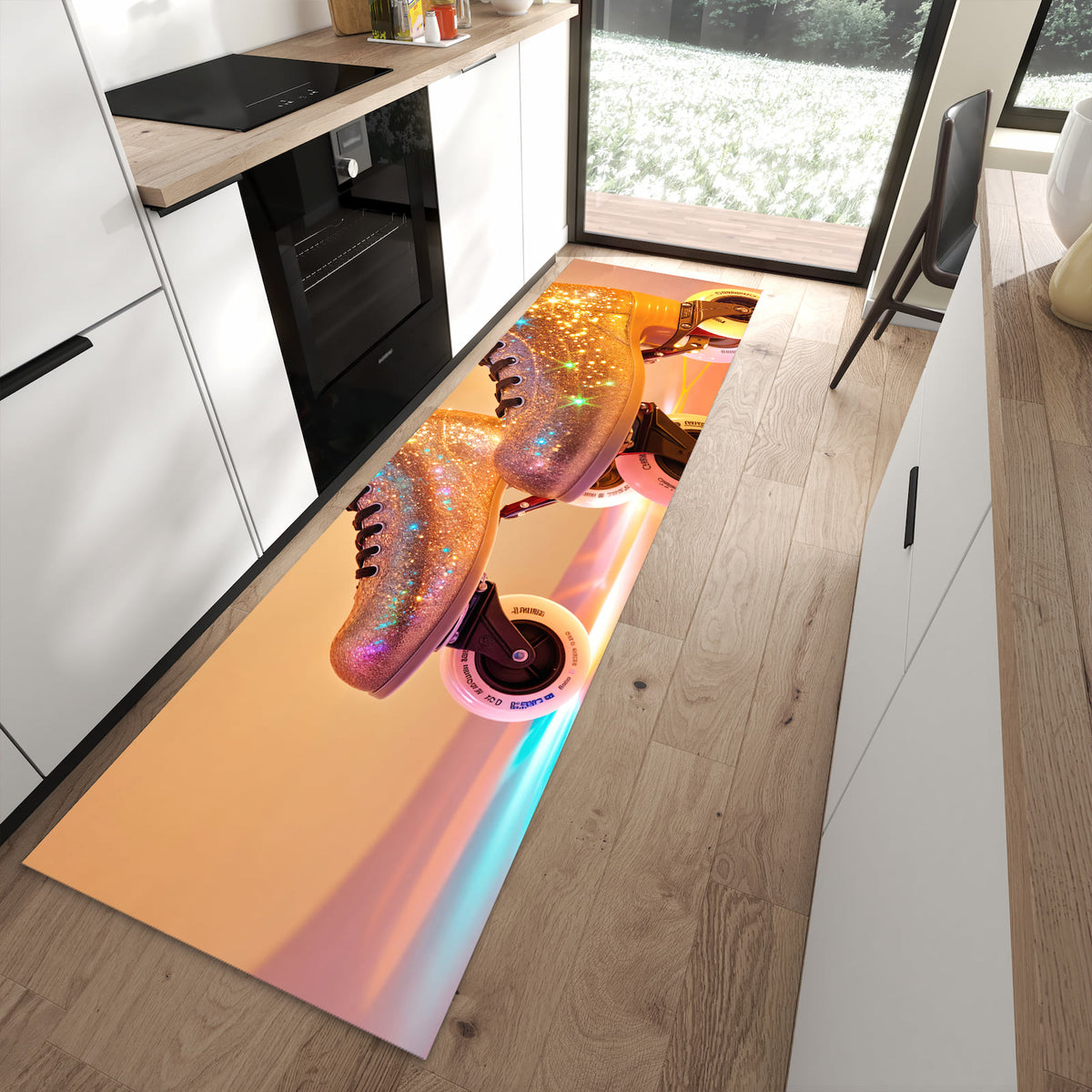 Geruchsneutraler abwaschbarer Küchenteppich mit Motiv Glitzer Rollschuhe in moderner Küche