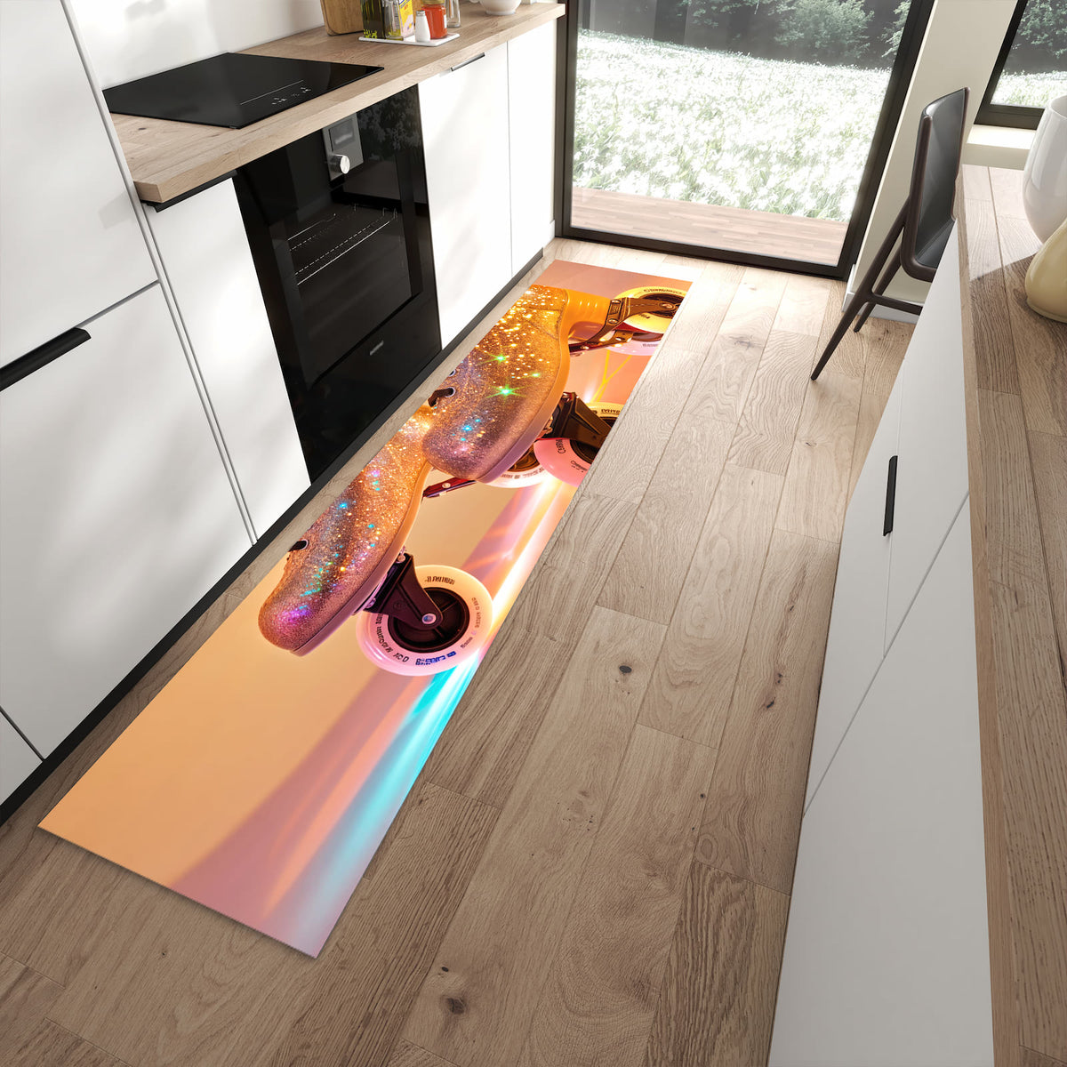 UV-beständiger Küchenläufer mit Motiv Glitzer Rollschuhe in moderner Küche