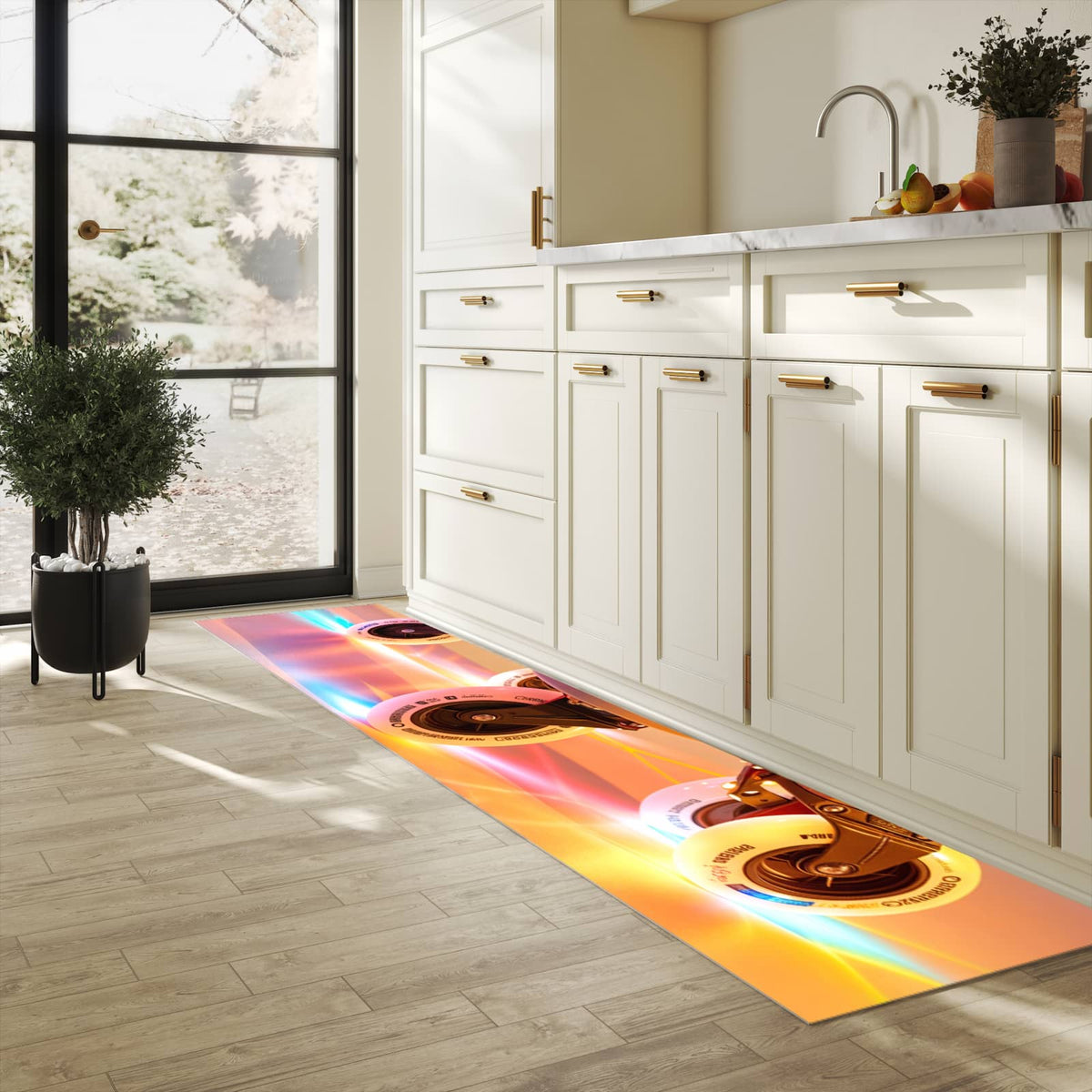 UV-beständiger Teppichläufer mit Motiv Glitzer Rollschuhe in heller Küche