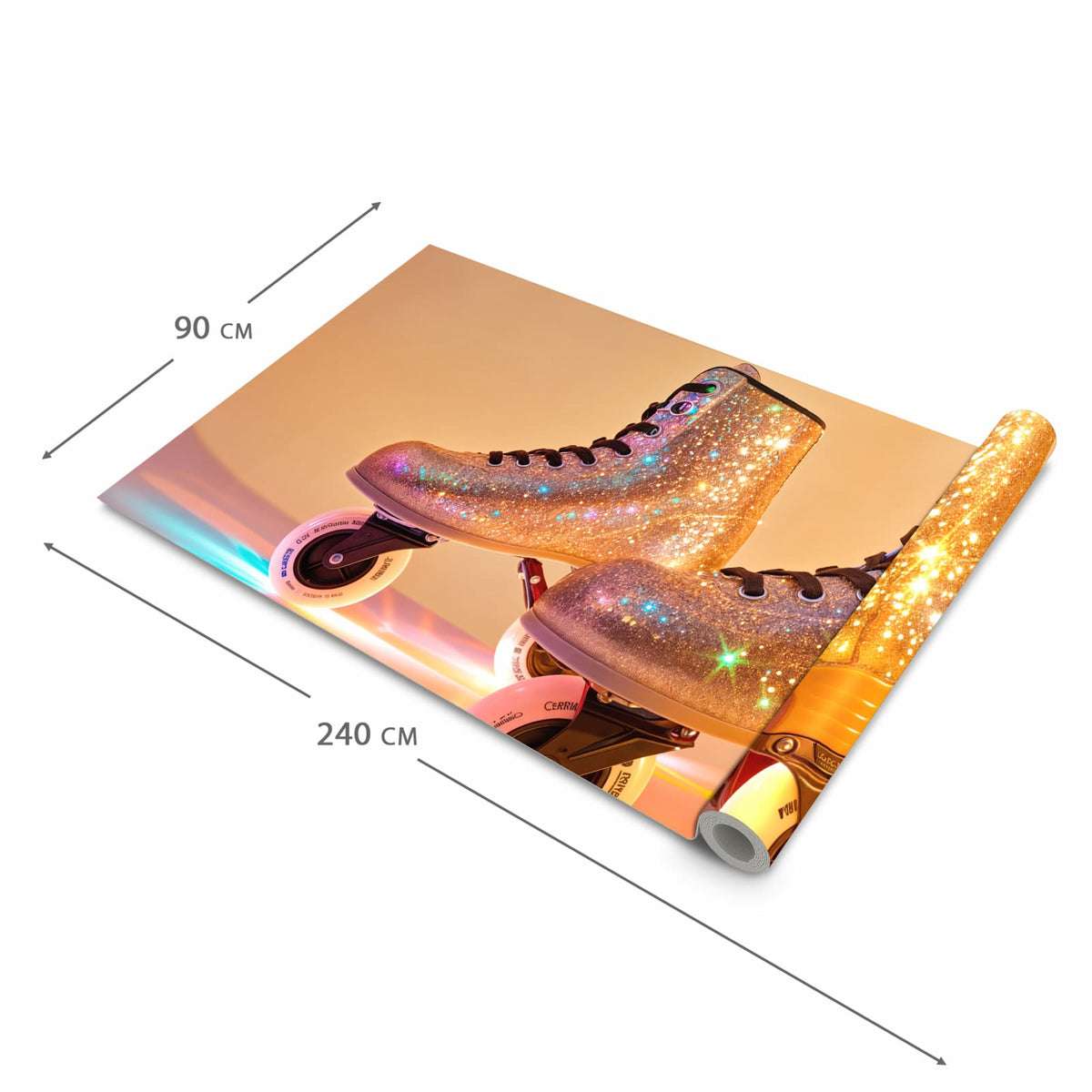 Rutschfester dünner Teppich mit Motiv Glitzer Rollschuhe in der Grösse 80x250 cm, einfach zu reinigen