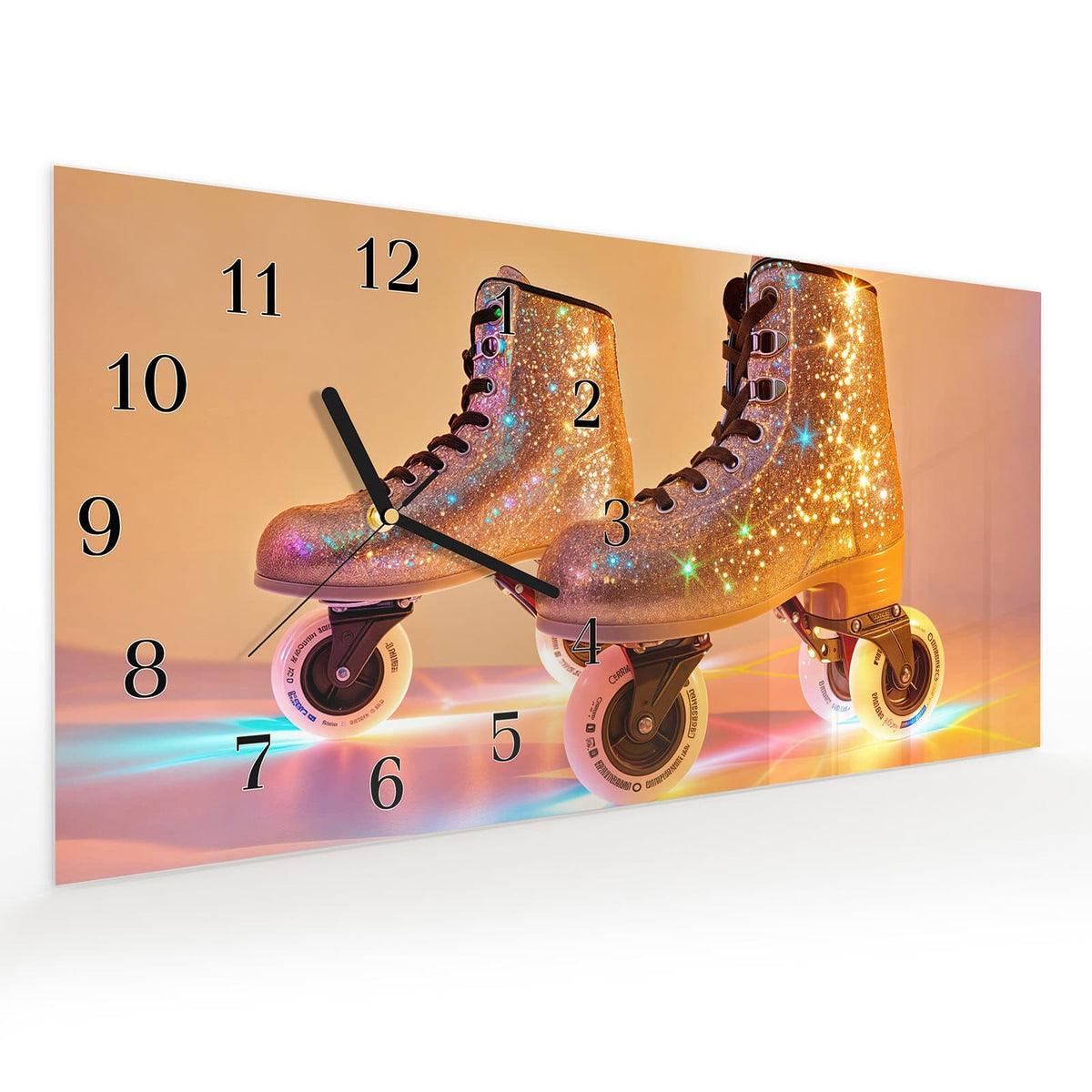 Vormontiert – mit Schwebeeffekt – Wanduhr Glitzer Rollschuhe aus Glas – Querformat 60 × 30 cm