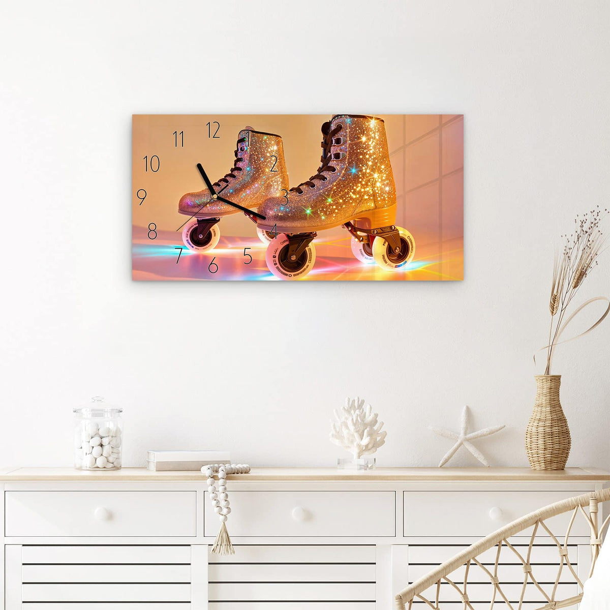 Wanduhr Glitzer Rollschuhe aus Glas – Querformat 60 × 30 cm – Funkelnde Rollschuhe im goldenen Licht
