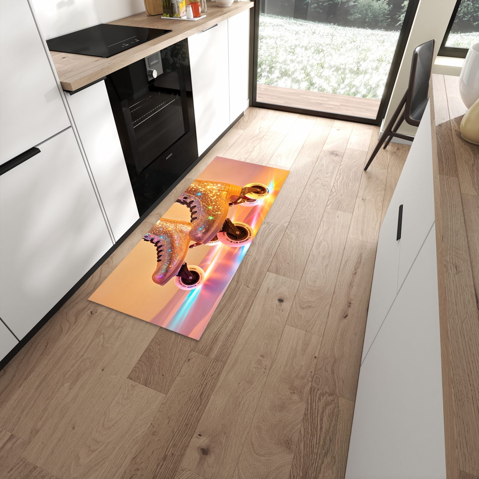 Zeitsparender rutschfester Küchenläufer mit Motiv Glitzer Rollschuhe in moderner Küche #grösse_60 x 150 cm