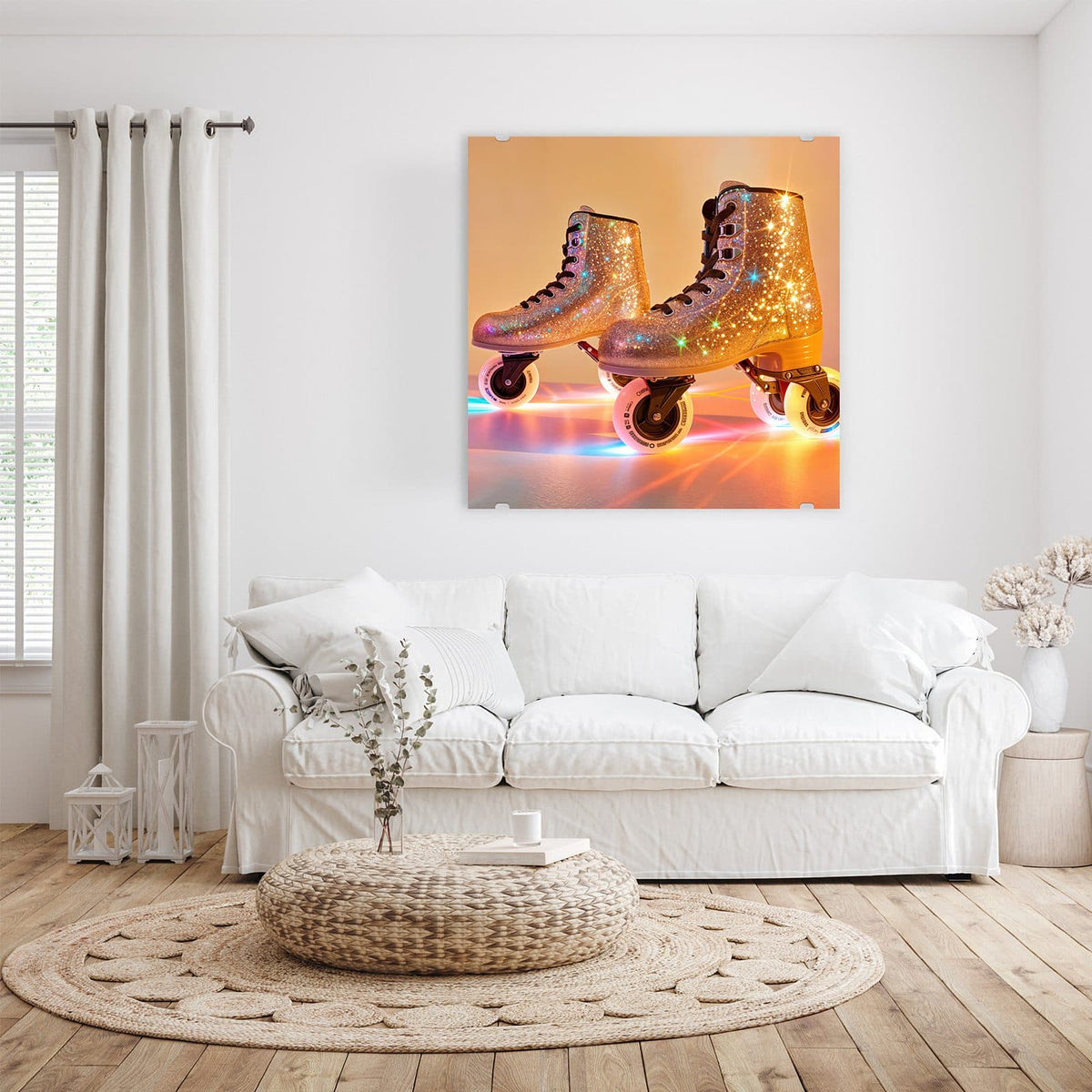 Glasbild Glitzernde Rollschuhe an der Wand – Paar Rollschuhe komplett mit funkelndem Glitzer besetzt, bunte Lichtstreifen am Boden