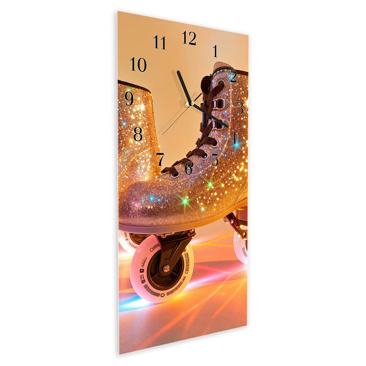 Vormontiert – mit Schwebeeffekt – Wanduhr Glitzer Rollschuhe aus Glas – Hochformat 30 × 60 cm