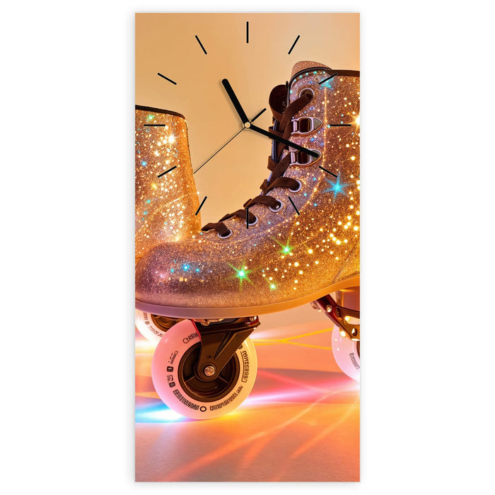 Wanduhr Glitzer Rollschuhe aus Glas – Hochformat 30 × 60 cm mit Ziffernblatt Linie
