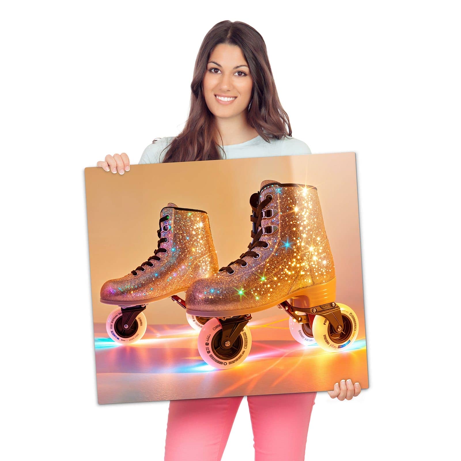 Glasabdeckplatte für Ceranfeld mit Glitzer Rollschuhe-Motiv wird zur Größendarstellung gehalten