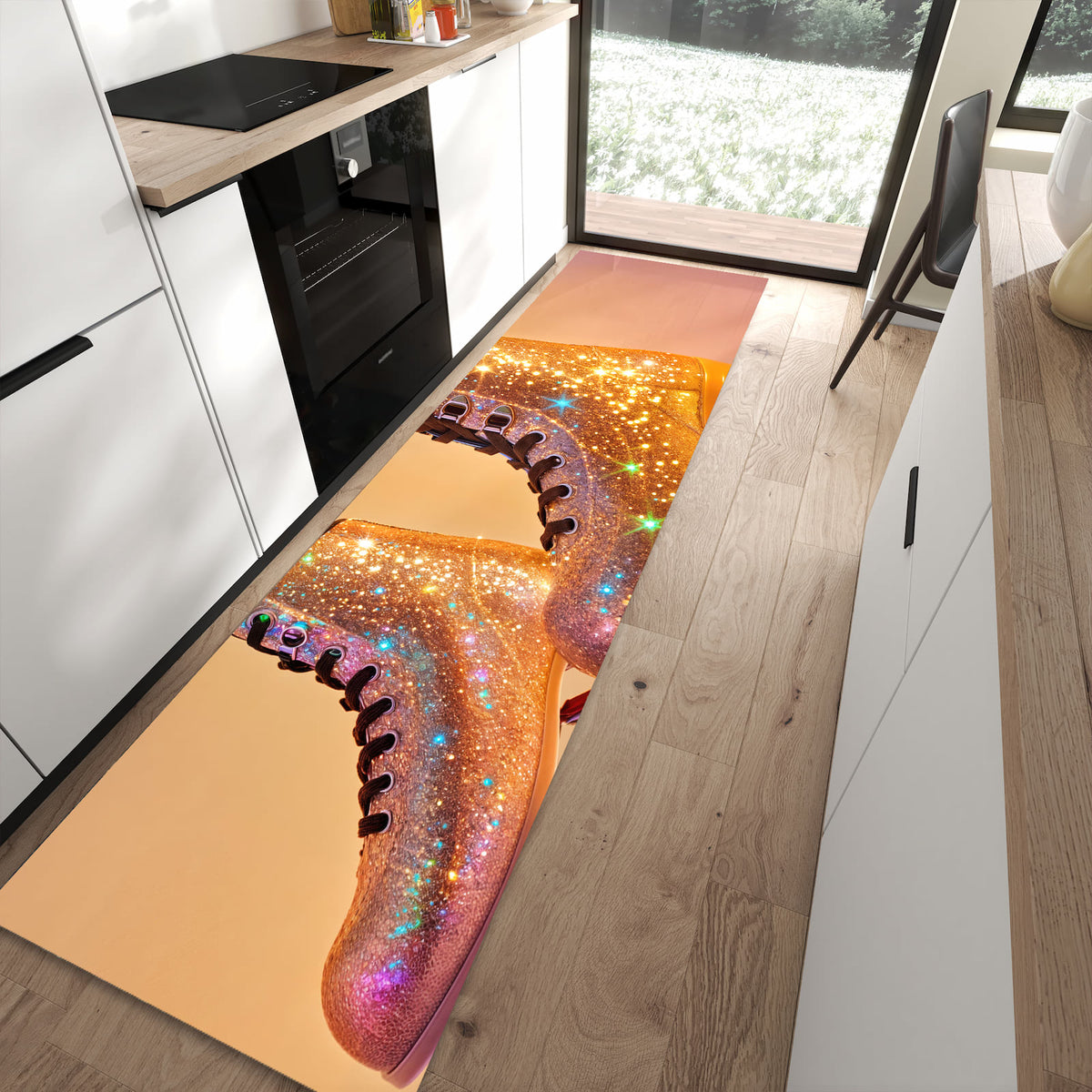 Langlebiger Küchenläufer mit Motiv Glitzer Rollschuhe in moderner Küche