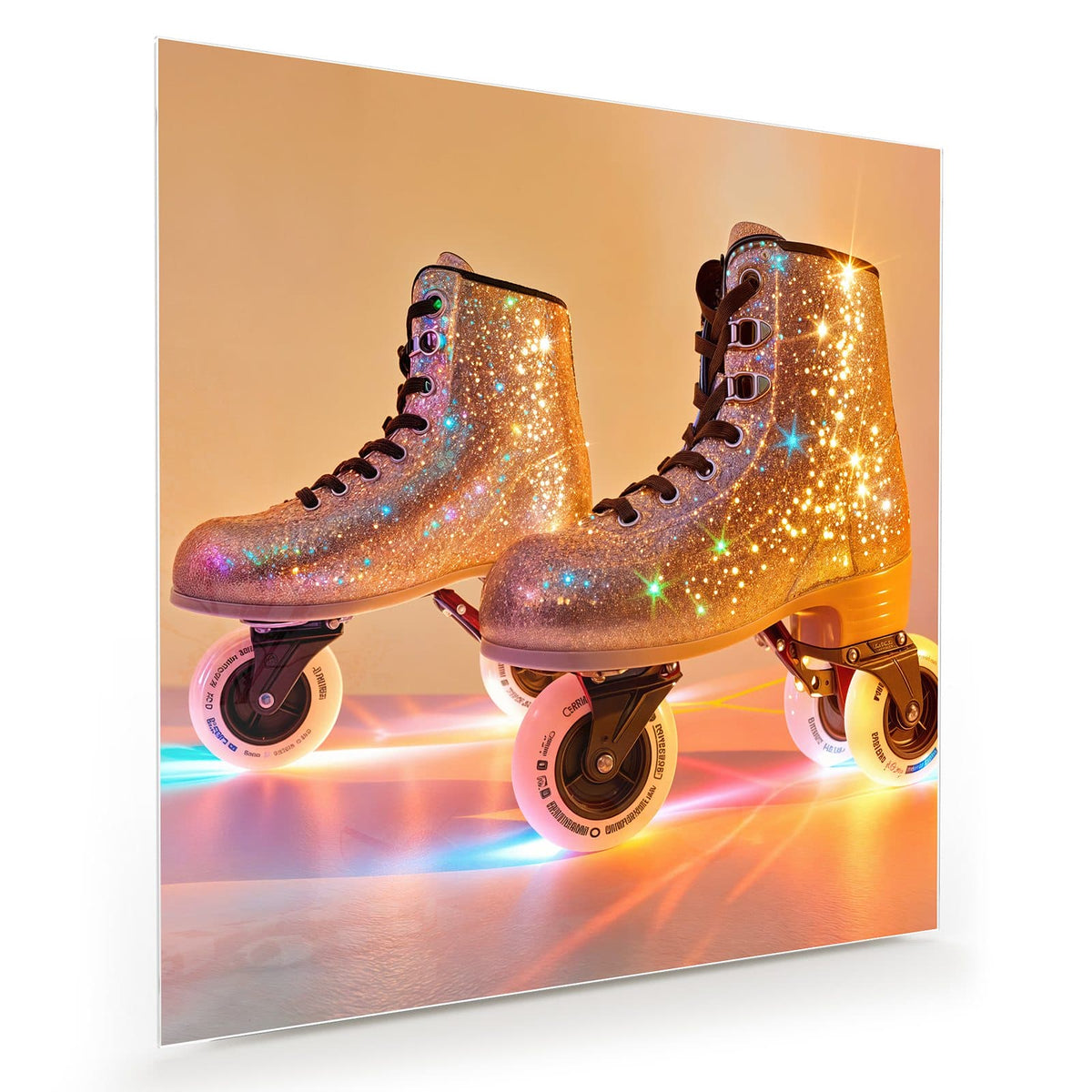 Paar Rollschuhe komplett mit funkelndem Glitzer besetzt, bunte Lichtstreifen am Boden