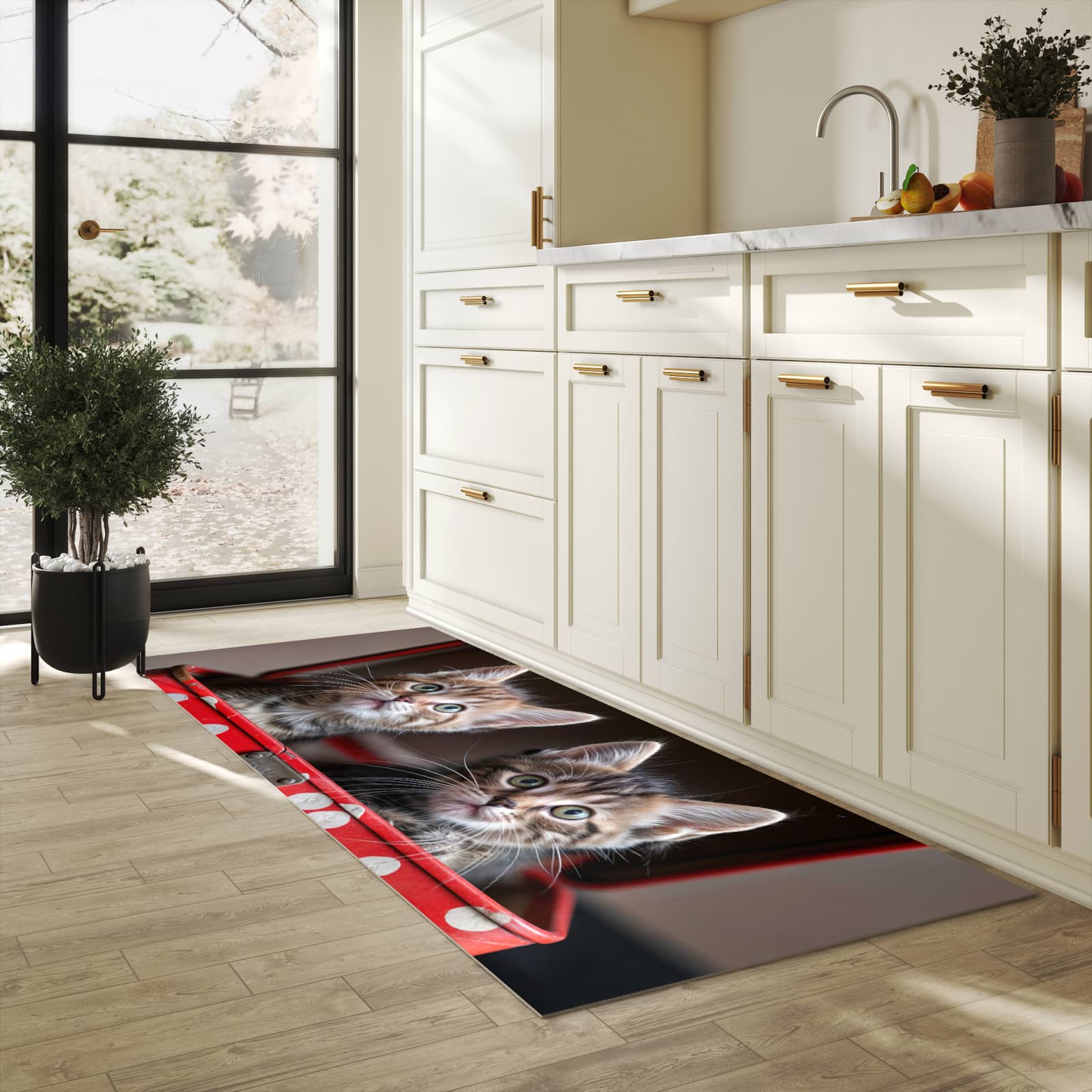 Farbbeständiger Küchenläufer mit Motiv Katzen im Koffer in heller Küche