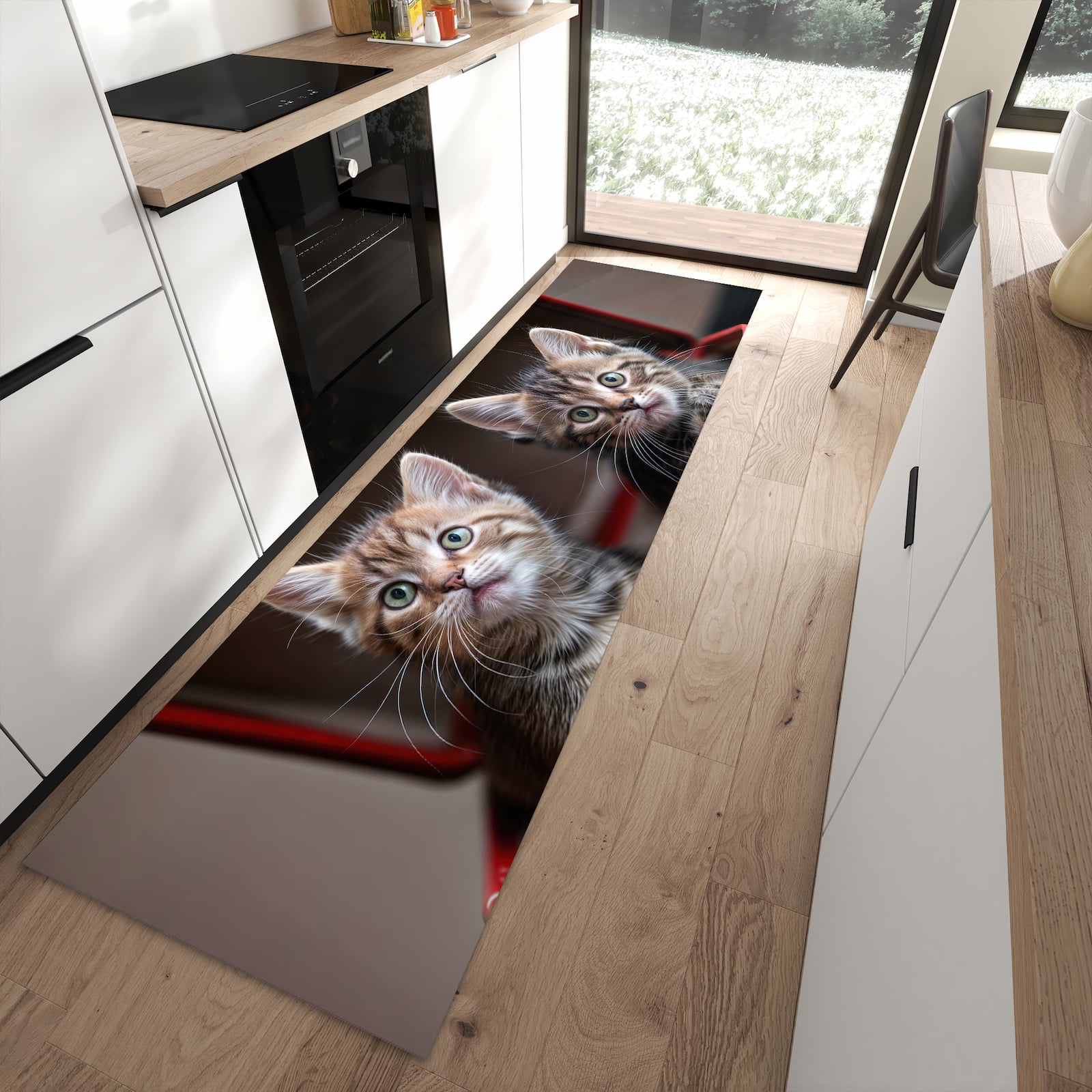 Küchenteppich mit Motiv Katzen im Koffer für Ordnung in moderner Küche