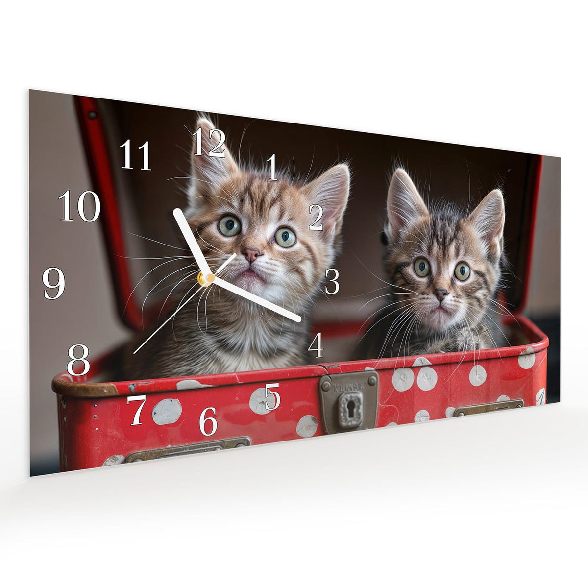 Vormontiert – mit Schwebeeffekt – Wanduhr Katzen im Koffer aus Glas – Querformat 60 × 30 cm