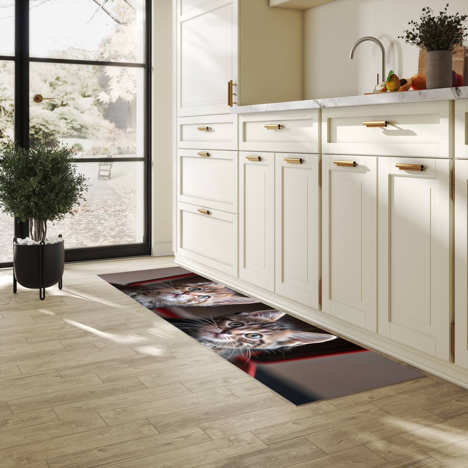 Hygienischer Küchenteppich mit Motiv Katzen im Koffer in heller Küche