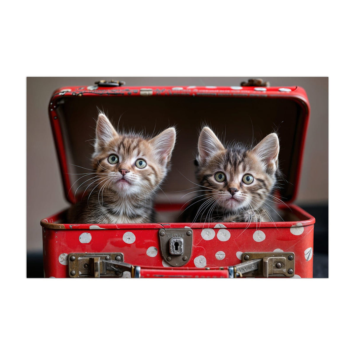 Küchenrückwand aus Glas Katzen im Koffer im Hochformat, Motiv bildfüllend von vorn