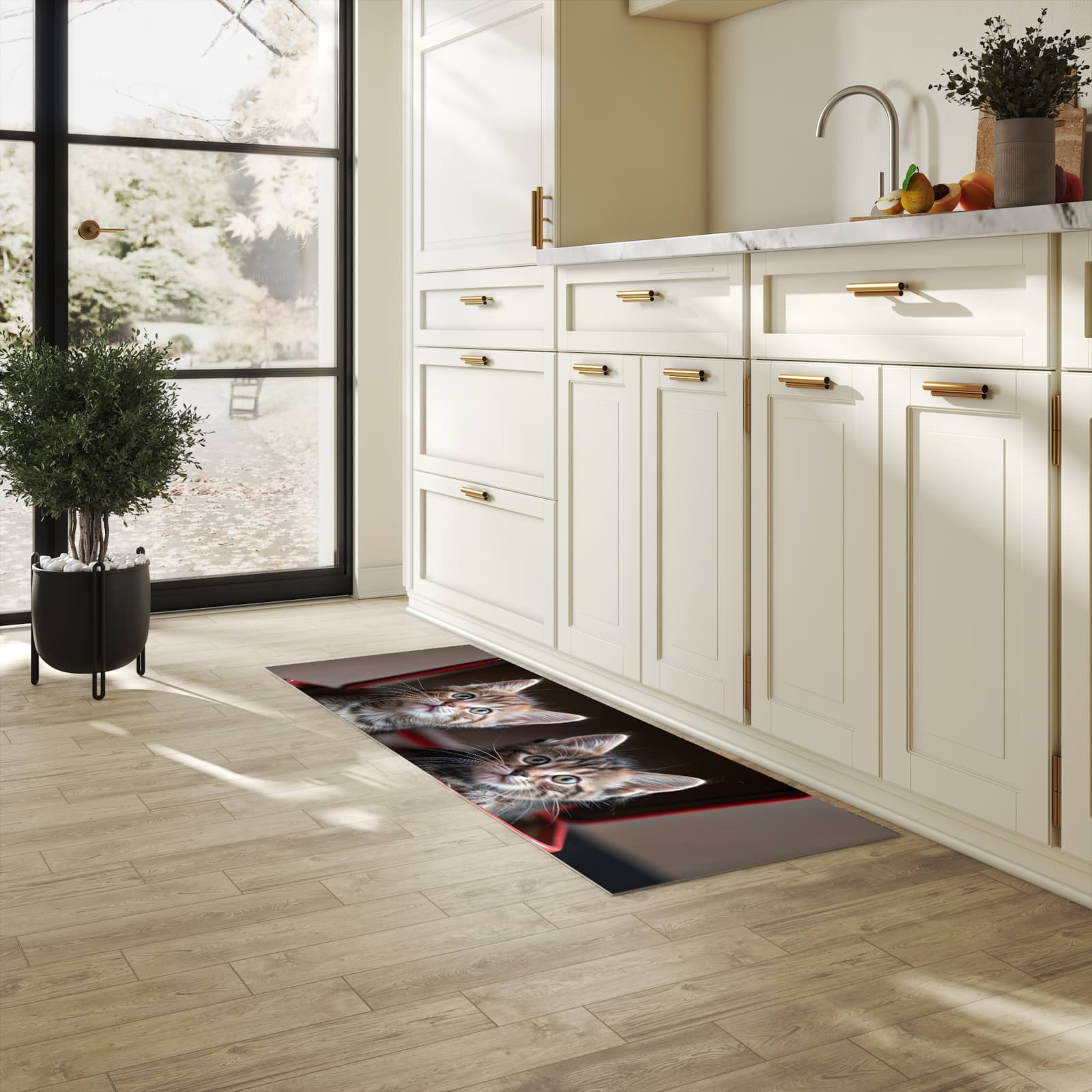 Komfortabler Küchenläufer mit Motiv Katzen im Koffer in heller Küche