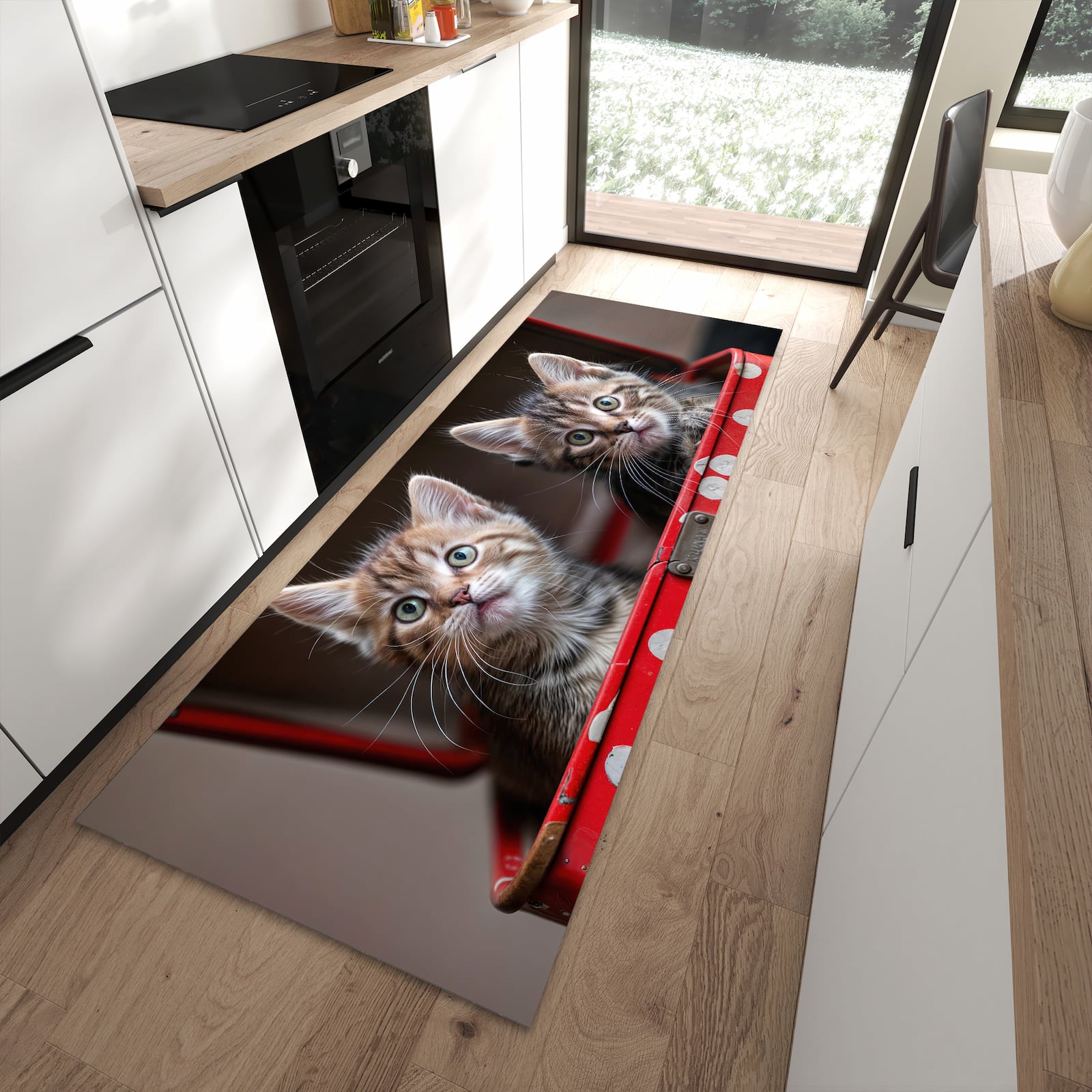 Formstabiler rutschfester Küchenläufer mit Motiv Katzen im Koffer in moderner Küche