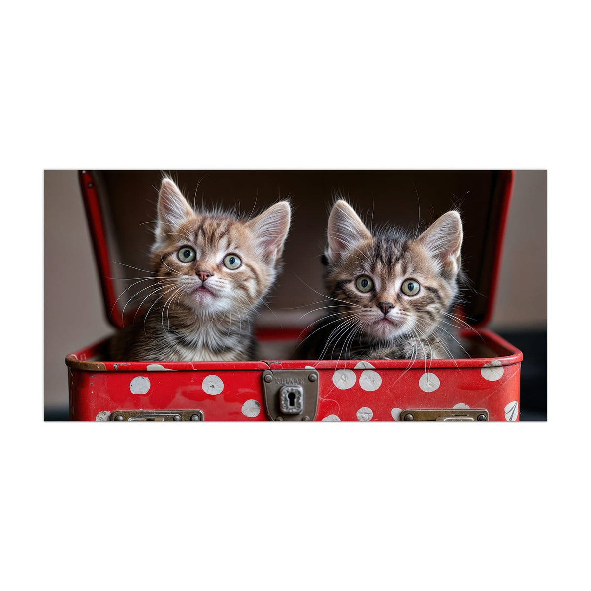 Küchenrückwand aus Glas Katzen im Koffer im Hochformat, Motiv bildfüllend von vorn