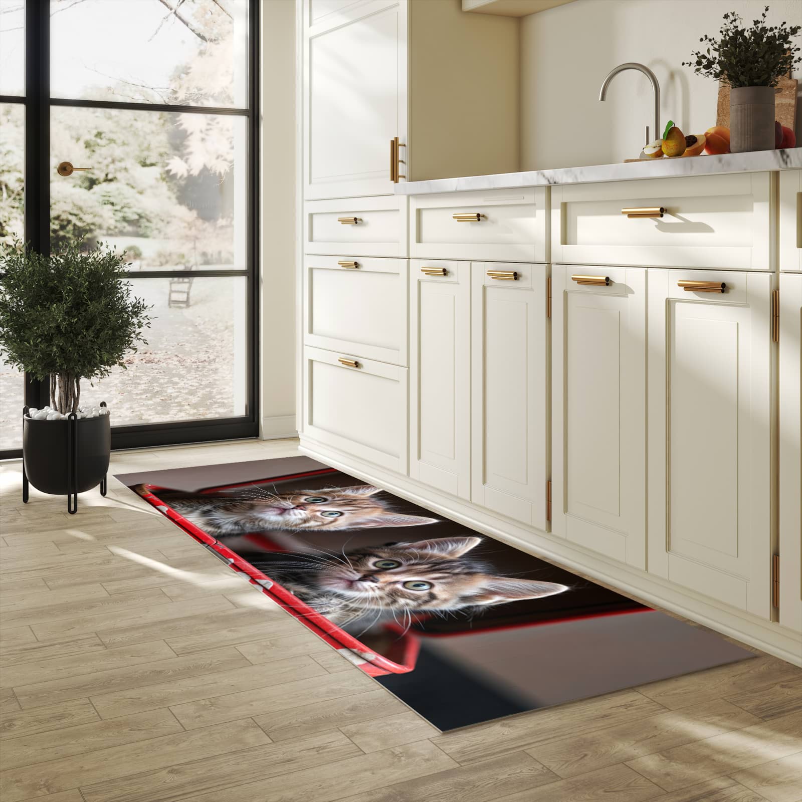 Feuchtigkeitsresistenter Küchenteppich mit Motiv Katzen im Koffer in heller Küche